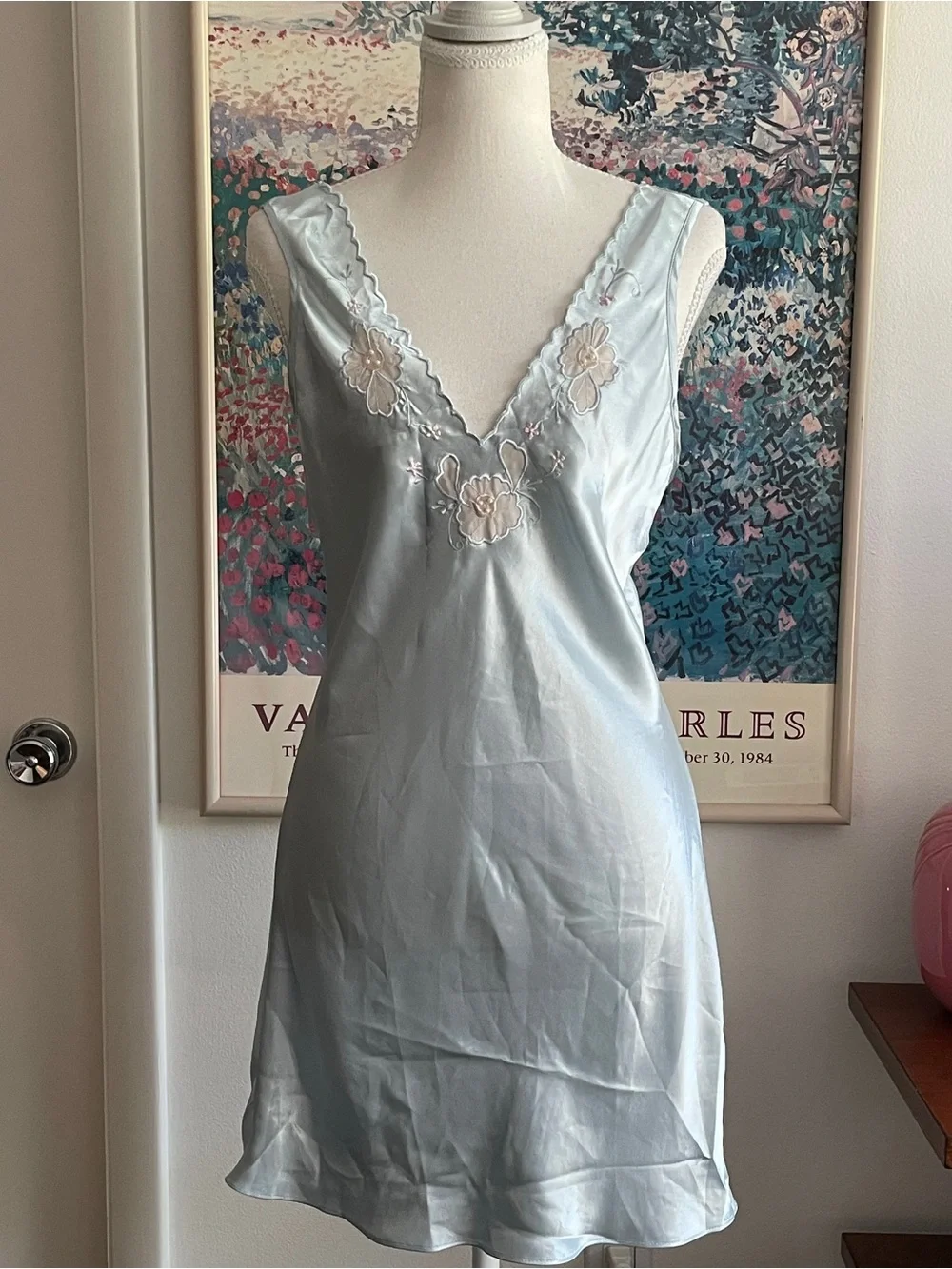 Vintage 90s Baby Blue Satin Lace Floral Slip Dress Size Small Coquette Fairy - Picture 2 of 13